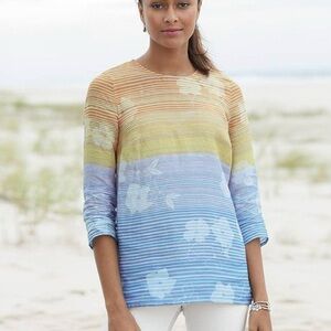J. Jill Women Colorful 100% linen sunset floral colorblock ombré Top Medium